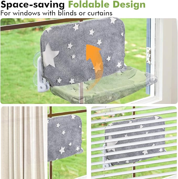 Zoratoo Cat Window Perch, Glow in The Dark Cordless Foldable Pet Hammock Bed for Window with Sturdy Metal Frame, Glowing Stars Pattern Resting Seat for Indoor Cats (Stars - L)