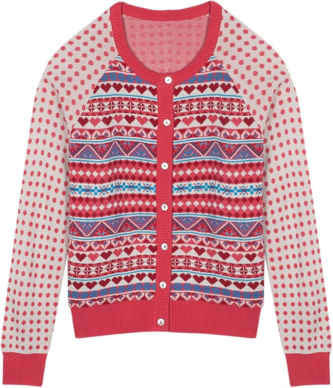Blueberry Pet Women's Fair Isle Style Cardigan Sweater in Sugar Coral, X-Small