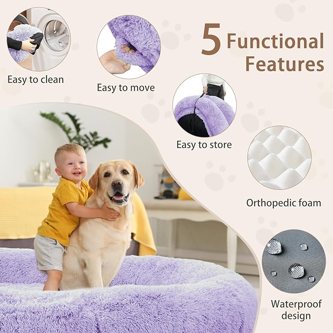 ROOMTEC Human Dog Bed, 71''x45''x12'' Size Fits Adult Pet Washable Oversize People Bed 10 CM Thick Memory Foam Large Giant Pet Bed with Plump Pillow, Blanket, Strap - Purple