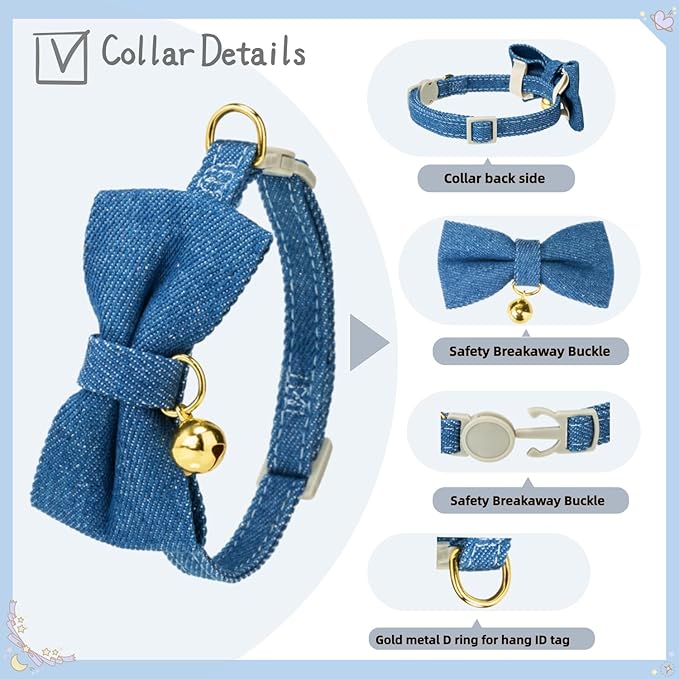 2 Pack Cat Collars with Removable Bow Tie and Bell, Adjustable Denim Kitten Collar, Breakaway Safe Pet Collar for Cats, Puppies.(Adult Cat,Denim Blue)