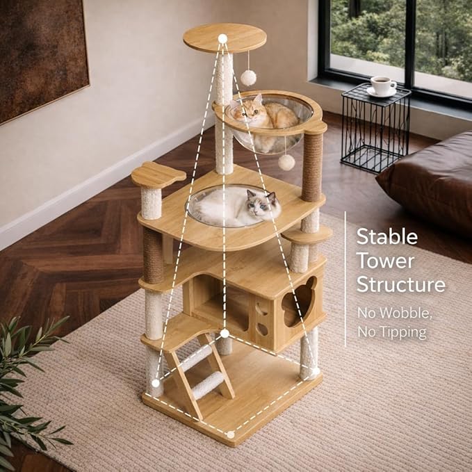 Cat Tree for Indoor Cats, 57" Large Modern Cat Tower with 2 Acrylic Space Capsule Perches, Wooden Cat Condo, Sisal Scratching Posts, Easy-Climb Ladder & Hanging Toys, Cat Activity Tree for Large Cats