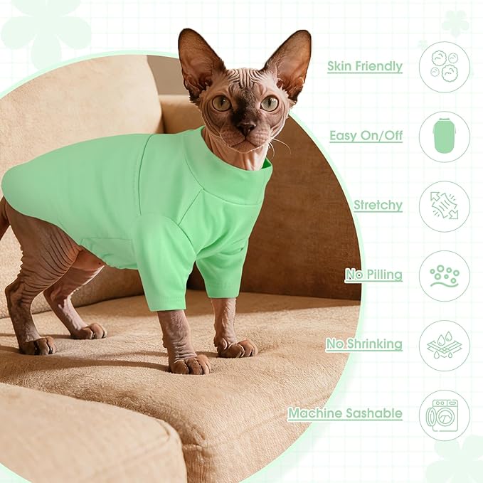 Sphynx Hairless Cat Clothes, Soft Cotton Pullover Turtleneck Shirt with Sleeves for Kitten Puppy Small Dogs, Cat Pajamas for All-Season - Green S