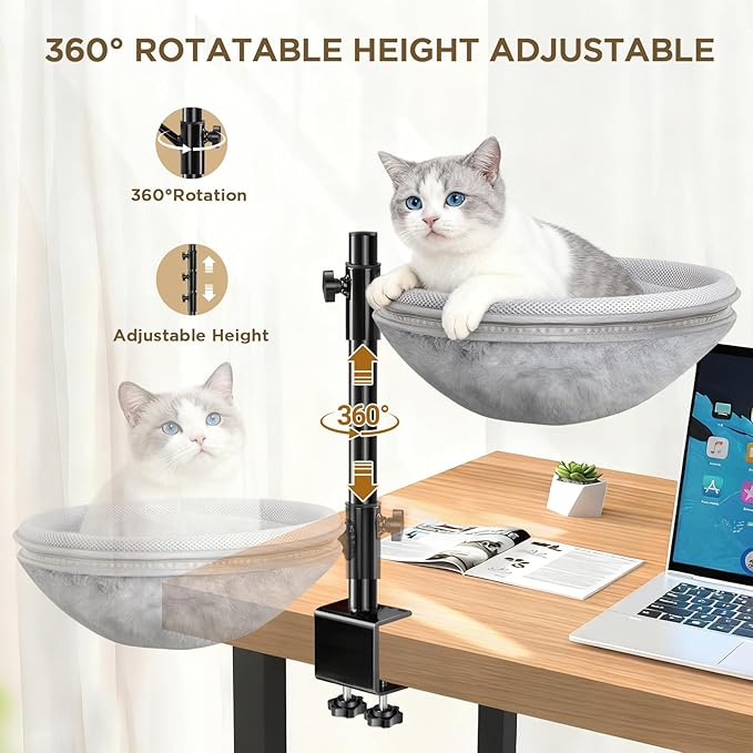 Cat Bed for Desk, Cat Desk Bed with 360° Rotating & Height Adjustable, Removable Dual-Sided Breathable & Comfortable Kitten Bed, Desk Cats Bed Attachment for Indoor Office