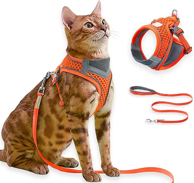 Cat Harness and Leash Set for Comfortable Outdoor Walking, Escape Proof, Adjustable Soft Kitten Vest Harness with Reflective Strip for Cats, Small Dogs (Orange, S)