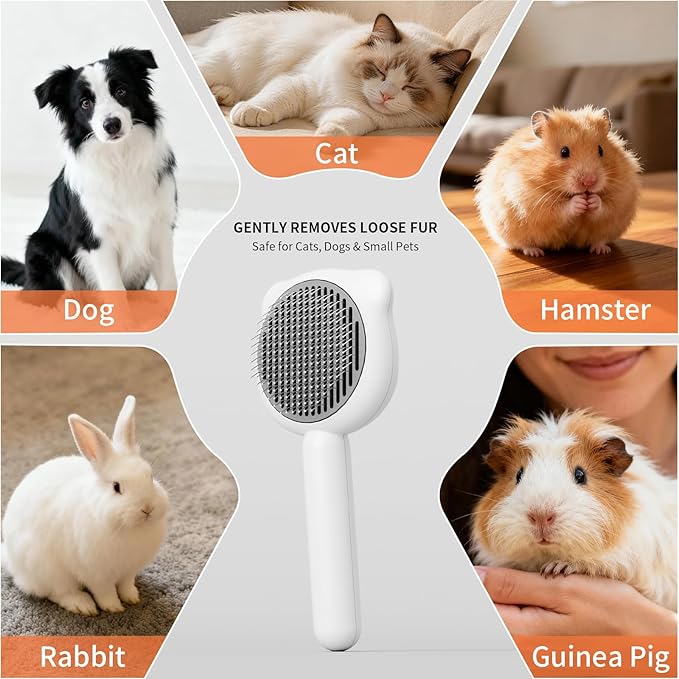Cat Brush for Shedding, Self Cleaning Pet Hair Brush with Release Button, Cat & Dog Grooming Brush for Long or Short Haired Pets, Removes Loose Fur (White)