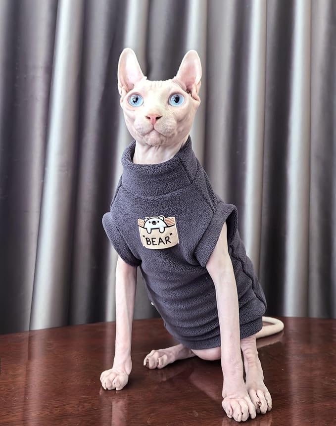 Sphynx Cat Clothes Hairless Cat Warm Fleece Vest Elastic Winter Sweater Outfit, Pet Clothes for Sphynx Cat Coat for Cats and Small Dogs Apparel, Hairless cat Shirts Sweaters (Blue Grey, Large)
