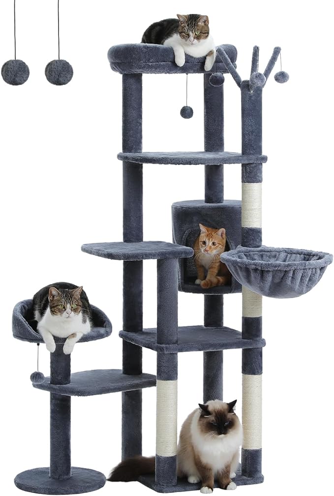 MUTTROS 59" Cat Tree, Cat Tower for Large Cats, Multi-Level Cat Tower with 3 Removable Pompom Sticks, Cat Tree for Indoor Cats, Cat Condo with Large Hammock, Scratching Post, and 2 Perches, Dark Gray