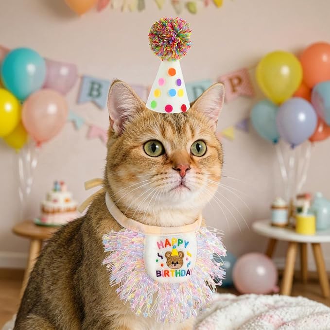 Cat Birthday Bandana Hat Set, Cute Cat Birthday Hat with Pom-Poms, Exquisite Cats Birthdays Outfit, Reusable Pet Party Decorations for Small Medium Cats Kittens Doggy