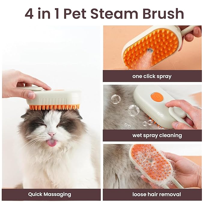 4 in 1 Cat Steam Brush, Pet Hair Cleaning Comb for Shedding & Grooming, Water Sprayer for Long & Short Haired Pets, Silicone Massage Brush for Cat & Dog, Tangled & Hair Loss Remover