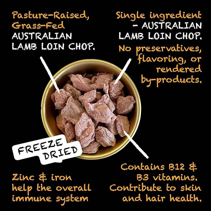SIMBA'S WAY -Freeze Dried- RAW Australian Lamb LOIN CHOPS Dog and Cat Treats, Pasture-Raised, Grass-Fed, Human Grade, Single Ingredient, All Natural, Grain-Free, Made in The USA. [3 .oz] [1 PK]