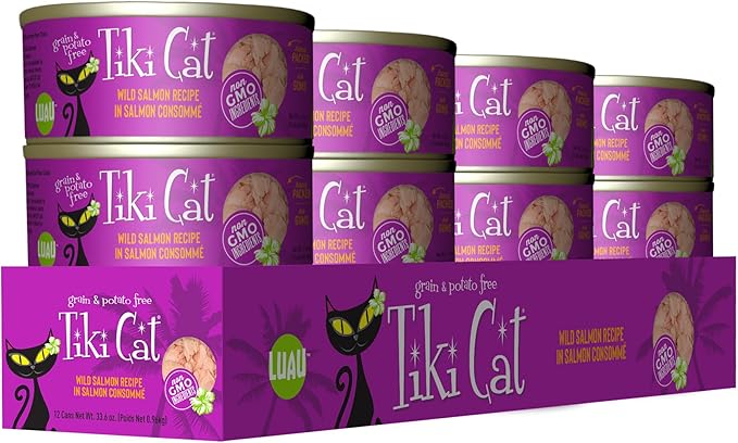 Tiki Cat Luau Shredded Meat, Wild Salmon Recipe in Salmon Consumme, Grain-Free Balanced Nutrition Wet Canned Cat Food, For All Life Stages, 2.8 oz. Can (12 Count)