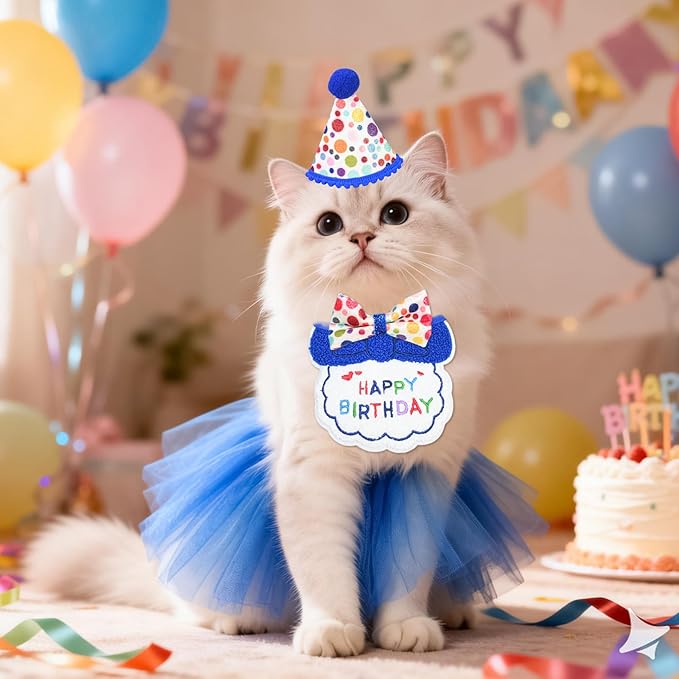 5Pcs Cat Birthday Decorations, Adjustable Cat Birthday Hat Bandana Tutu Skirt Collar Bow & 9 Number Stickers 0-8, Kitten Costume Outfit Decorations for Anniversary of Birth, Small Dog Friendly (Blue)