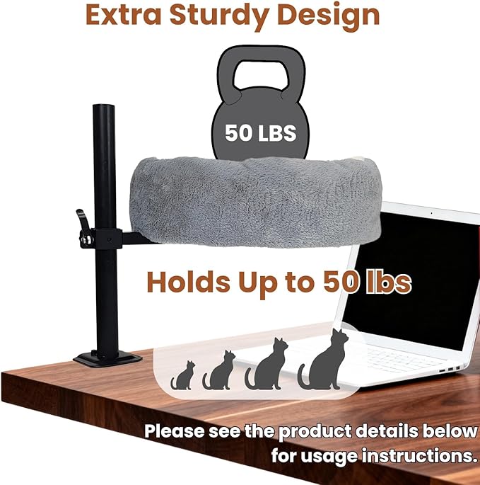 19" Extra Large Cat Desk Bed,One-Button Easy Lift & Rotate,Extra Thick Cushion,Reversible Two-Tone,Super Soft Plush Faux Fur Pet Bed,Machine Washable Bed,desk bed for large cats(Light Grey Duo)