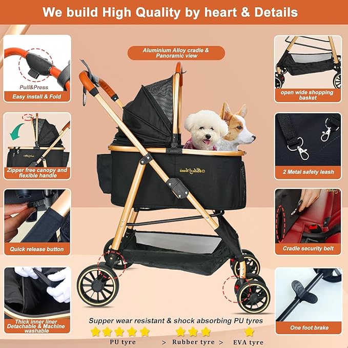 MILA&LOUIS Cat Stroller, 24" Pet Cradle, Lightweight & Stylish Dog and Pet Stroller for Medium and Small Pets, 25 Lbs Capacity with Cup Holder, Hook, Detachable Aluminum Cradle (Black)