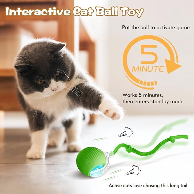 Interactive Cat Ball Toys for Indoor Cats, Upgraded Automatic Cat Toys for Bored Indoor Adult Kitty, Peppy Pet Ball for Cats, 360°Smart Rolling Kitty Balls Toy (Green)