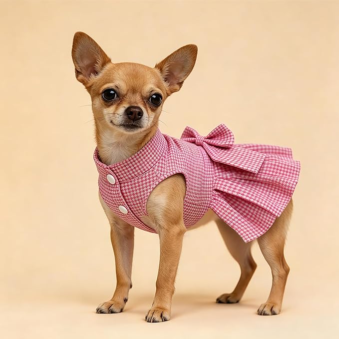 Classic Plaid Dog Dress with Bow Tie for Small Dogs Cats Girls, Cute Puppy Dresses Clothes with Bowknot Chihuahua French Bulldog Pet Apparel Outfits (Strawberry Pink, Large)