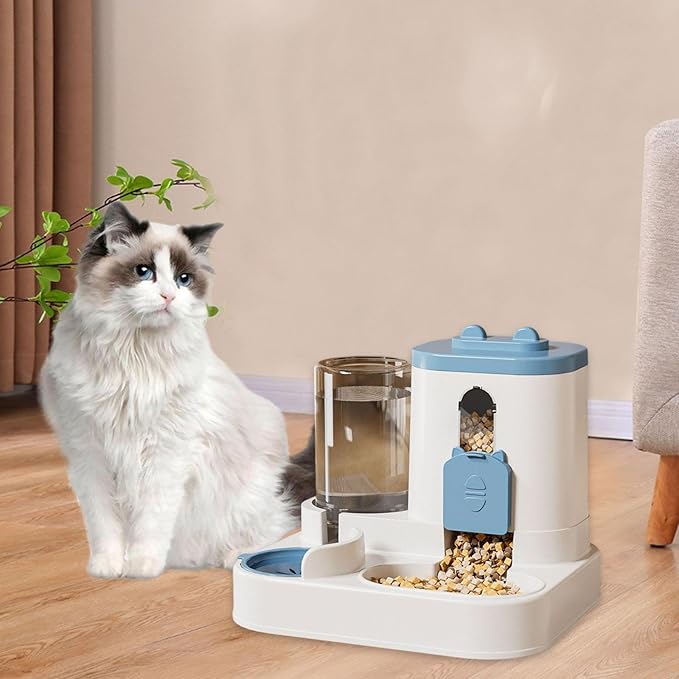 Automatic Pet Feeder and Waterer, 2-in-1 Food and Water Dispenser for Cats, Kittens, Small Medium Dogs, Blue