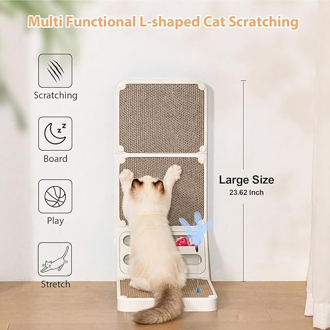 Goosheep Cat Scratching Board Kitten Scratching Ball Wall Scratchers for Indoor Cats L Shaped Cat Scratcher Cats with Scratcher Pads White