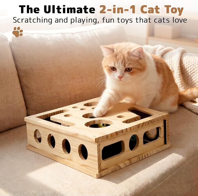 Cat Nail File Scratcher, Cats Claw Saver Box with 3 Balls, Large Solid Wood Construction Cat Nail File Enrichment Box with Sandpaper Inside,Alternative to Nail Clippers