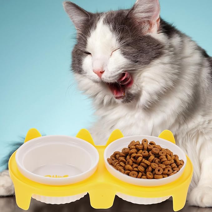 Ceramic Cat Bowl Set Elevated Dual Bowls with Yellow Thickened Non-Slip Stand, Tilted Design Protecting Neck for Small Cats and Kittens Feeding and Watering