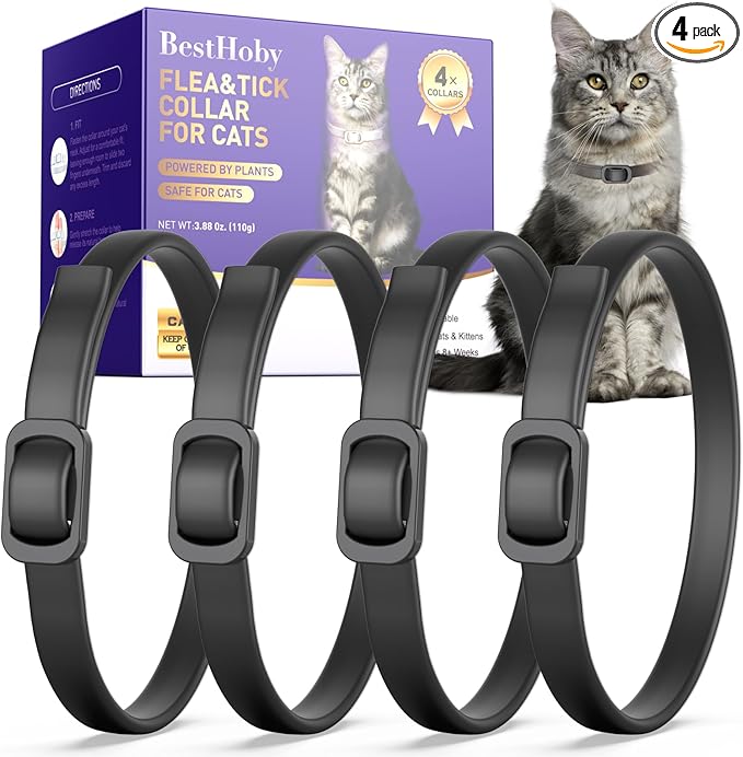 Flea and Tick Collar for Cats (4 Pack), Plant-Powered with Natural Essential Oils, Water-Resistant, Adjustable for All Cats & Kittens (Black)