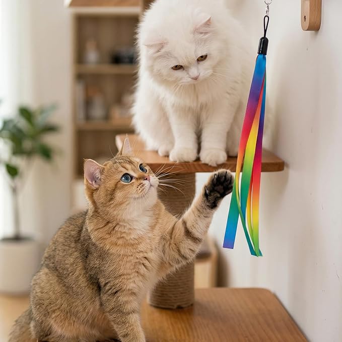 6 PCS Cat Ribbon Toy, Cat Teaser Toy Wand Replacement, Interactive Flirt Pole Replacement Worm Assorted Portable Refills CatWand Attachment Toys with Bell for Indoor Most Cats, Kittens, Small Pets