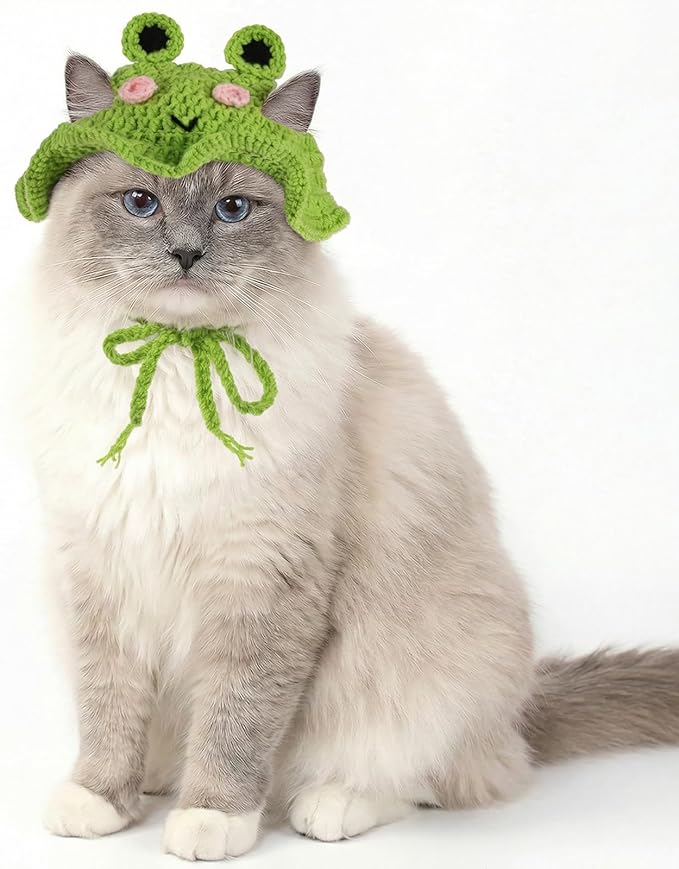 Thinp Cat Frog Hat, Cotton & Soft Cute Knitted Hats for Cats Crochet Cat Hats for Cats Birthday Party Christmas Knit Puppy Hat for Small Pets (Green, M)