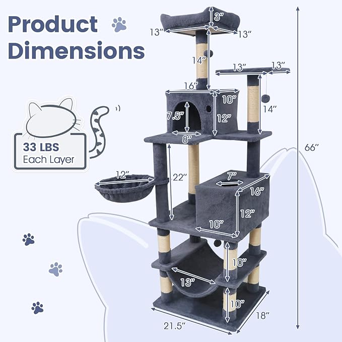 Tangkula 66 Inch Tall Cat Tree, Multi-Level Cat Tower with Sisal Scratching Posts, 2 Condos, Plush Perch, Hammock, Basket, Dangling Toys, Cat Climbing Furniture for Indoor Cats (Dark Gray)