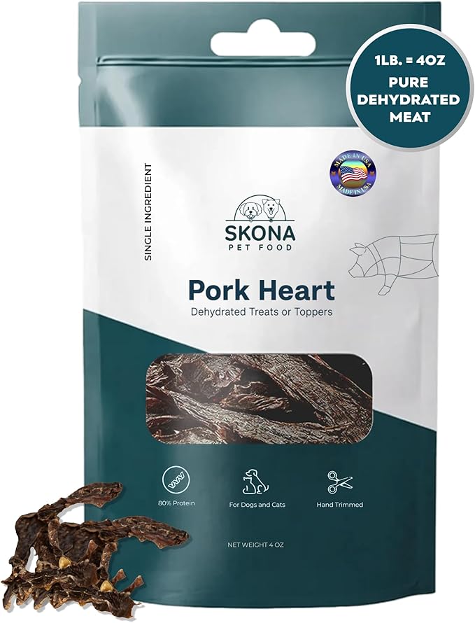 Skona PetFood Premium Chewy Dehydrated Pork Heart Jerky for Dogs & Cats, 1 lb of Pork Heart Dehydrated to 4 oz, Single-Ingredient High Protein Training Treats, Supports Heart, Eye & Dental Health, USA
