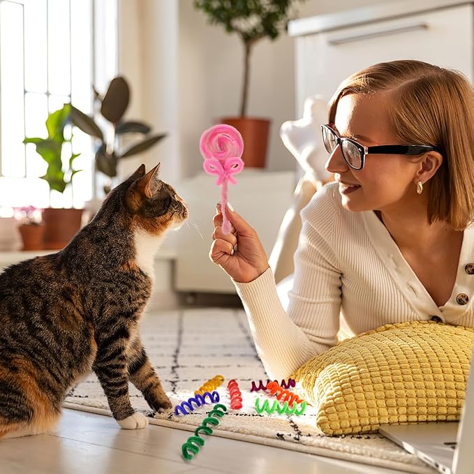Mipcase 100Pcs Colorful Twistable Pipe Cleaner Cat Toys Soft Plush Spring Interactive DIY Supplies for Indoor Cats and Kittens Flexible Wool Sticks for Pet Play