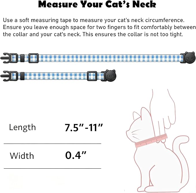 2 Pack Cotton Breakaway Cat Collars with Bell and Charms Blue Solid Plaid Safety Collars for Girl Boy Cats, Cat Head and Paw Pendant Cute Kitten Collars