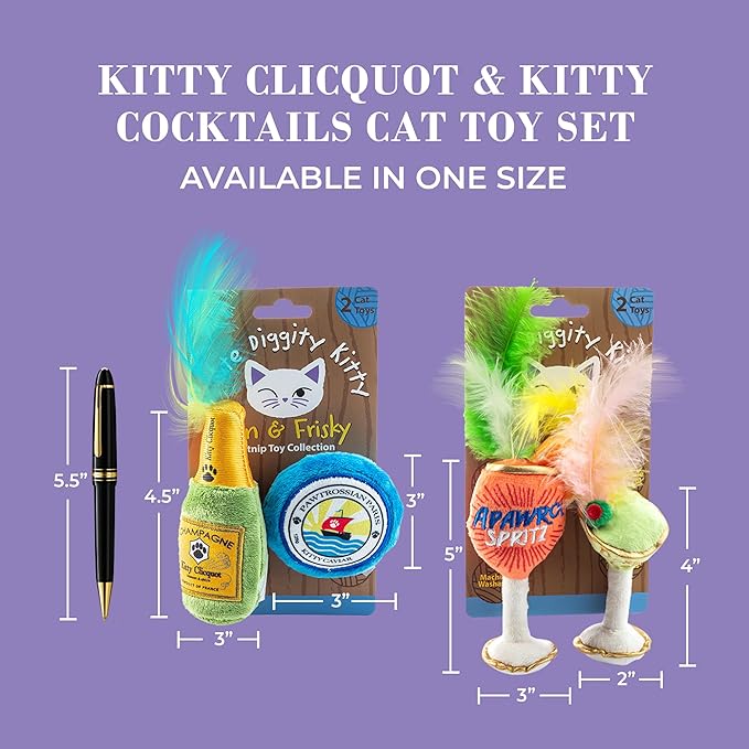 Haute Diggity Kitty Clicquot Champagne & Caviar + Kitty Cocktails Apawrol Spritz & Cattini Set, Plush Cat Toys Catnip Filled with Interactive Crackle Sound, Safe, Durable Toys for Cat & Kitten, 4 Pcs