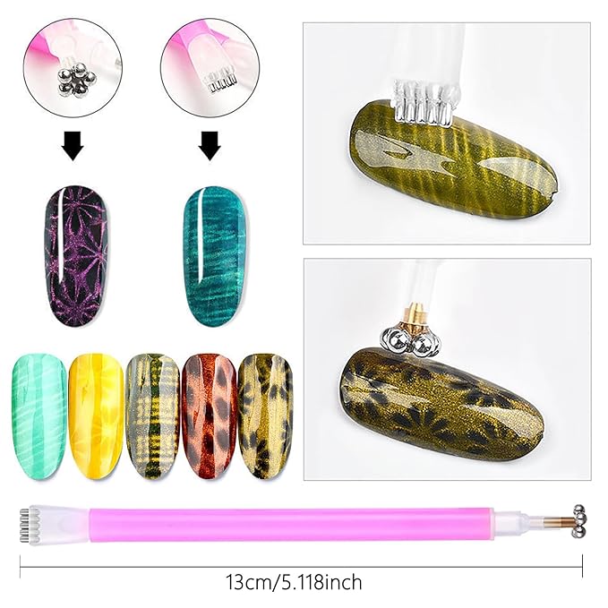5Pcs Nail Art Magnet Set For Nails 3d Cat Eye Magnets Dual End Cylindrical Flower Point Nail Magnets For Cat Eye Nails Polish Magnets Sticks Nail Art Magnetic Sticks Cat Eye Design Tools