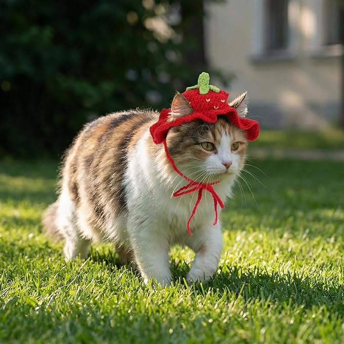 Thinp Strawberry Cat Hat, Cotton & Soft Cute Knitted Hats for Cats Crochet Cat Hat Birthday Party Halloween Holiday Christmas Knit Puppy Hats for Small Pets (Red, S)