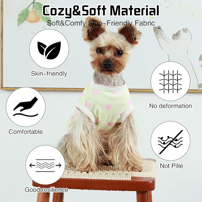 Pet Clothes for Small Dogs Cat Summer Pullover T-Shirt with Heart Printed Elastic Sleeveless Shirts Cute Puppy Tank Top Chihuahua Shih Tzu Yorkie Vest Cat Apparel Outfit (Yellow, Small（2.8-4.4lb）)