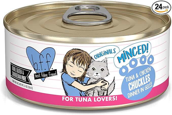 Weruva BFF Minced Natural Wet Cat Food, Tuna and Chicken Chuckles in Gelee, 5.5oz Can, Pack of 24