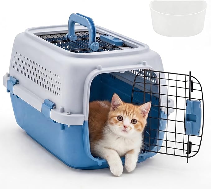 DUMOS 23" Hard-Sided Pet Carrier for Small Dogs & Cats, Airline Approved Travel Crate with Enhanced Security Latches, Front & Top Load Wire Door, Food Bowl for Traveling, Hiking, Camping (Blue)