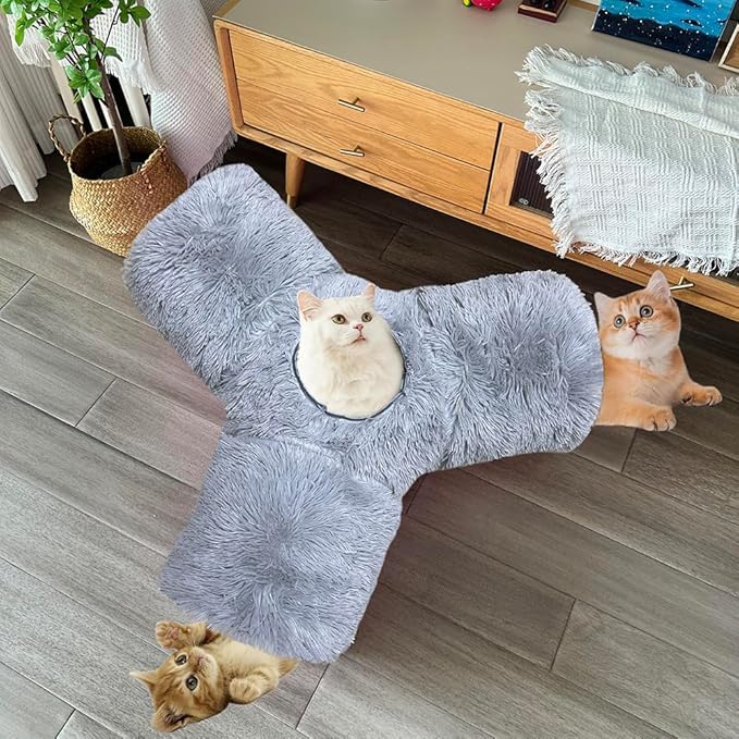 Cat Tunnel Tube Toy Collapsible 3 Way Grey Plush, Pet Tunnels for Indoor Cats, Play Tubes with Hanging Ball Perfect for Kitten, Puppy, Rabbit, Interactive Toys for Fun Playtime & Exercise