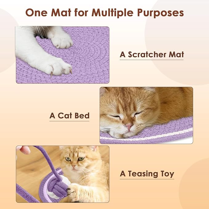 Letalong Cat Scratcher Mat, Natural Cotton Rope Cat Scratch Pad, 15.7'' Round Horizontal Floor Cat Scratching Pads for Indoor Cats, Cat Furniture Protector for Wall, Couch, Carpets, Sofas, Purple