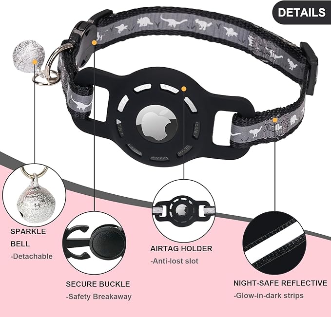 Reflective Cat Collar with Airtag Holder Breakaway Safety Airtag Kitten Collars with Bell for Male Female Boy Cats,Black