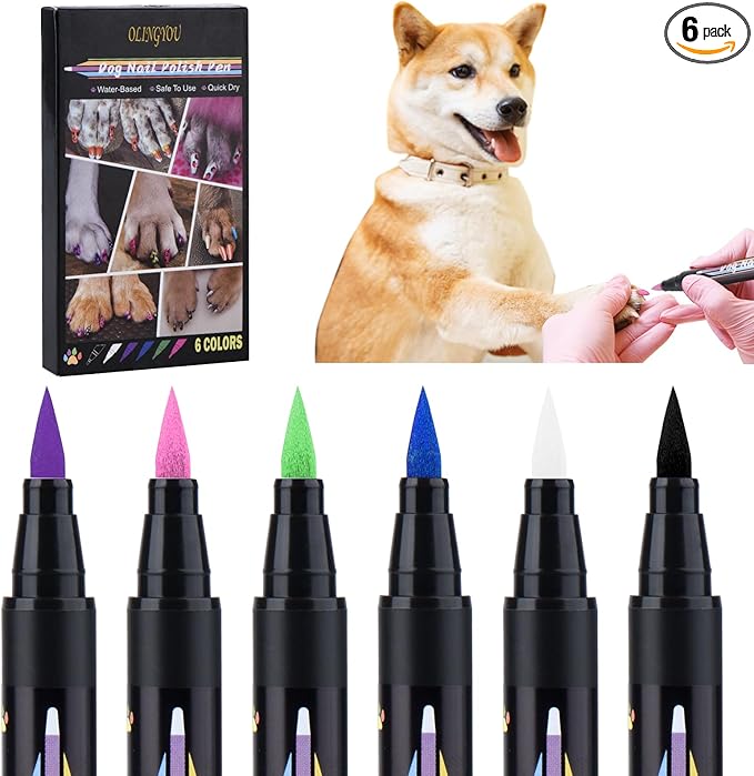 OLINGYOU Dog Nail Polish， Dog Nail Polish Pens Quick Dry-6 Colors, Pet Nail Polish Set for Dogs， DIY Dogs Puppy Nails, Dog Safe Nail Polish Non Toxic, Odorless, Easy to Apply