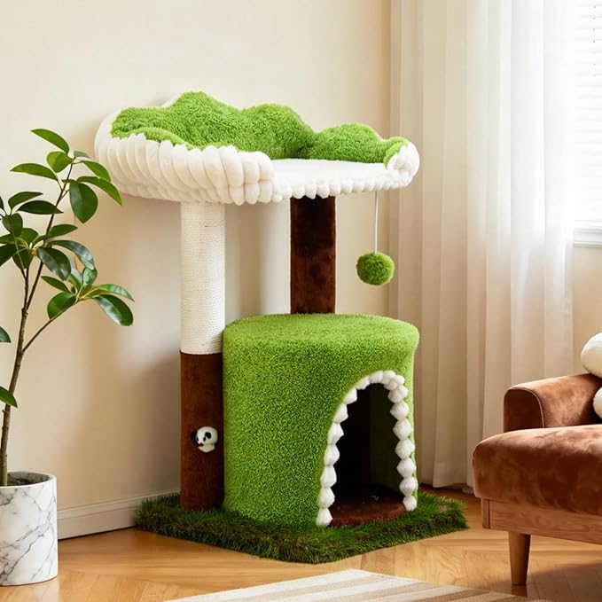 Woochpet Multi-Level Cat Tree with Sisal Scratching Post, Small Cat Tower with Cozy Condo, Soft Top Perch and Interactive Toy Mouse, Cute Forest Design Cat Furniture for Indoor Cats and Kittens