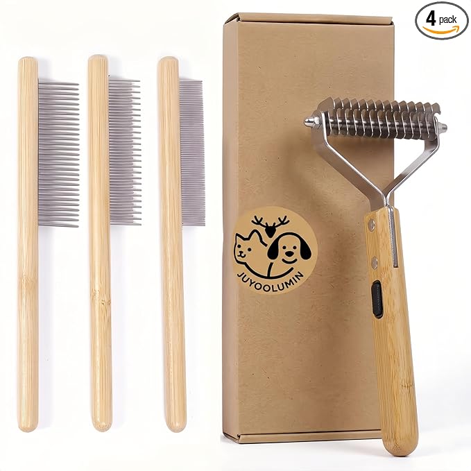 Bamboo Pet Grooming Kit for Medium to Long Haired Dogs & Cats, 4-in-1 Dematting Comb Set with Undercoat Rake, Fine/Wide & Long/Short Tooth Combs, Gentle Deshedding Tools for Indoor Pets