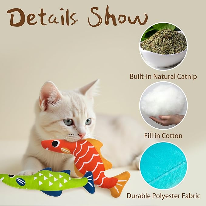 EXPAWLORER Soft Catnip Cat Toys Fish, 4 Pack Cat Kicker Toys with 5000mg Natural Catnip, Interactive Bite Resistant Toys for Indoor Cats Kitten Playing,Drives Bored Cats Crazy with Fun