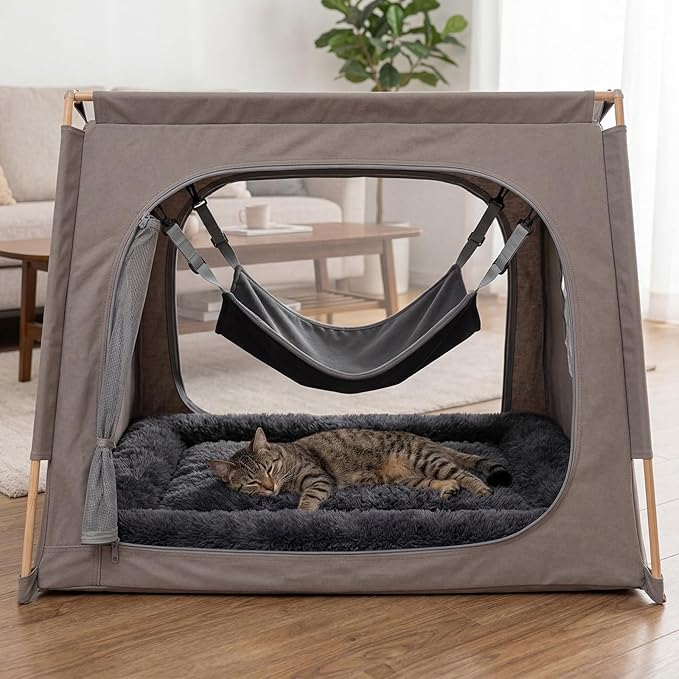 Novabright 4 Pack Cat Bed Mats & Hammocks Set 2 Self Warming Cat Bed Pad 21" x 17" and 2 Pet Hammocks Durable for Cage Houses Resting Sleepy Indoor Outdoor Cats Small Dogs Crate Accessories Grey