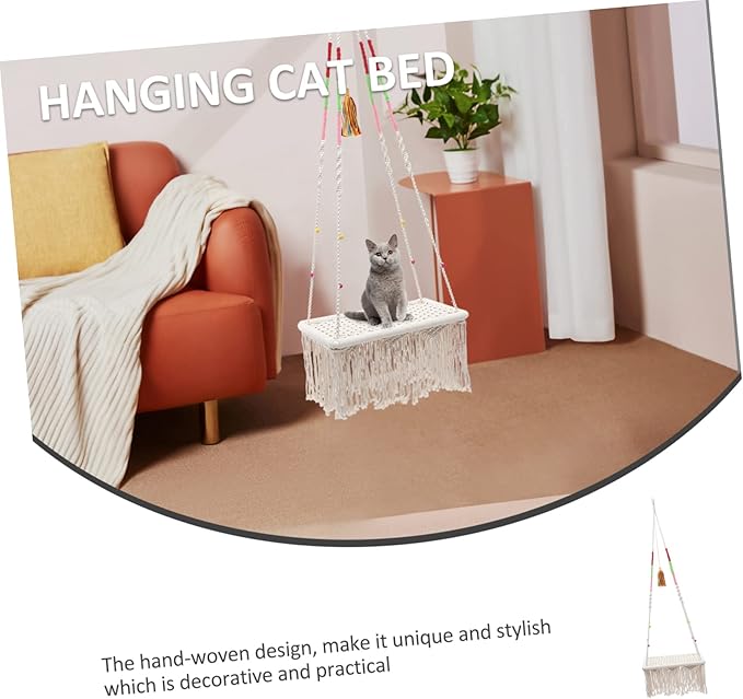 Yardwe Bohemia Style Hanging Cat Bed Macrame Hammock Rope Swing for Indoor Cats Wear Resistant Cozy Resting Nest Kitten Swing Pet Furniture