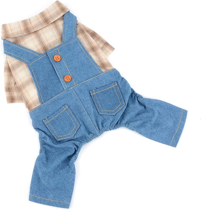 Shirt with Bib Pants for Dogs Plaid Tank Tops Tshirt Outfits for Small Male Dogs Puppies Chihuahua Overalls for Cats Apparel for Kittens Summer Adorable Pets Clothes Short Sleeves Khaki XS