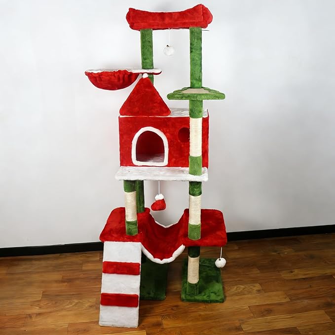 STILLCOVE 63" Large Christmas Cat Tree Tower Indoor: Tall Modern Cute Heavy Duty Cat Condo House with Scratching Post & Hammock for Maine Coon
