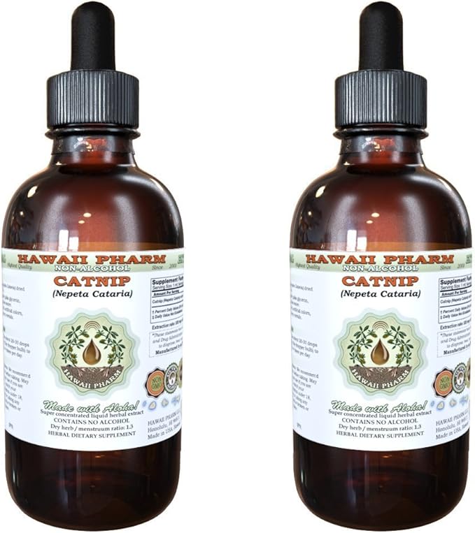 Catnip Alcohol-Free Liquid Extract, Catnip (Nepeta Cataria) Dried Leaf and Flower Glycerite Hawaii Pharm Natural Herbal Supplement 2x4 oz