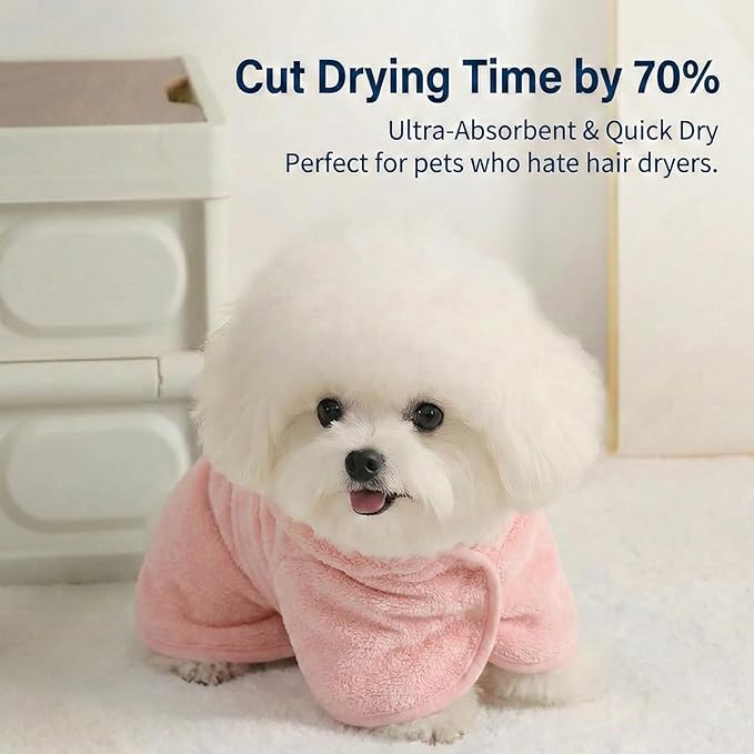 Dog Bathrobe Super Absorbent Towel for Small Dogs Cats Fast Drying Dog Robe Coat with Hood Puppy Cat Bath Towel Wrap Pet Grooming Supplies After Shower (Pink,XS)